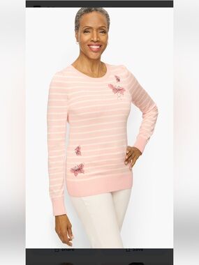 Talbots Pink and Cream Striped Butterfly Crewneck Sweater